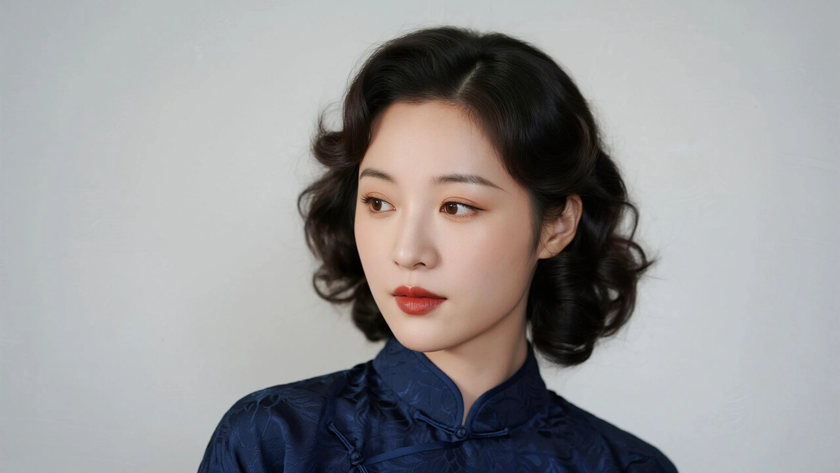 AI国风美人穿搭藏青暗纹长款旗袍典雅女子正面纯色背景,电脑壁纸