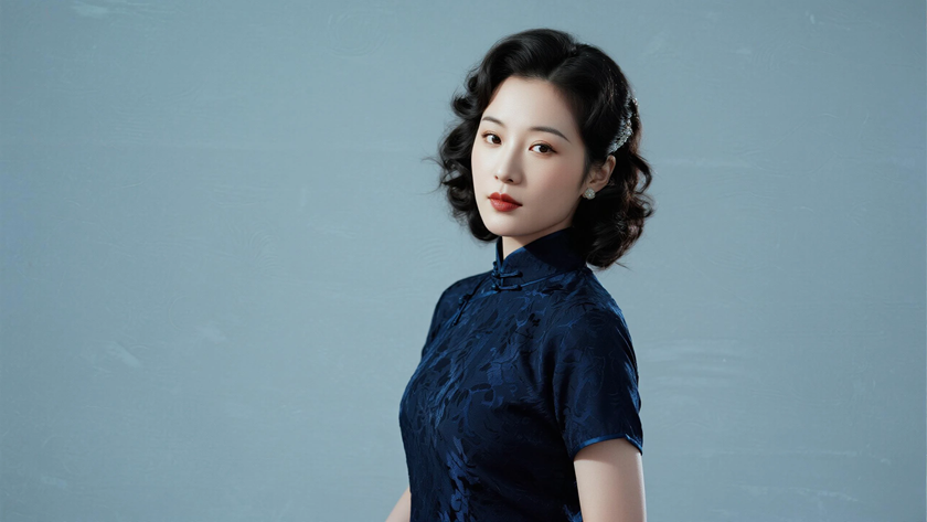 AI氛围感国风美人民国大波浪卷发复古女子侧脸藏青底色,桌面壁纸