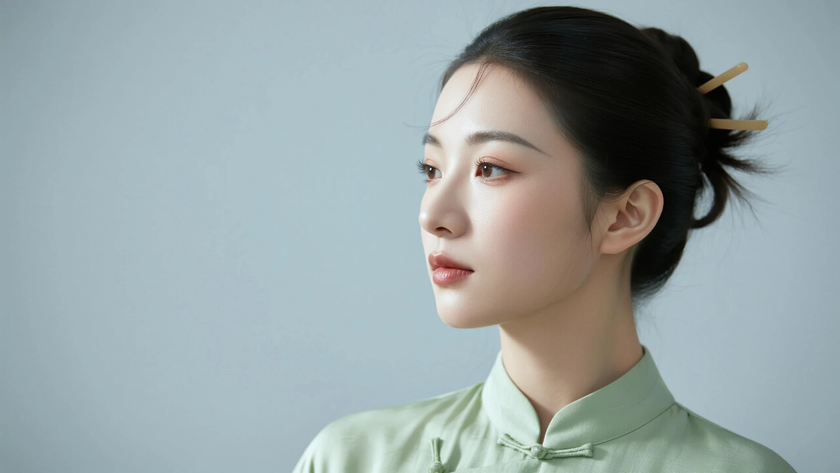 AI国风美人穿搭浅豆绿新中式立领裙恬静女子正面纯色背景,电脑壁纸