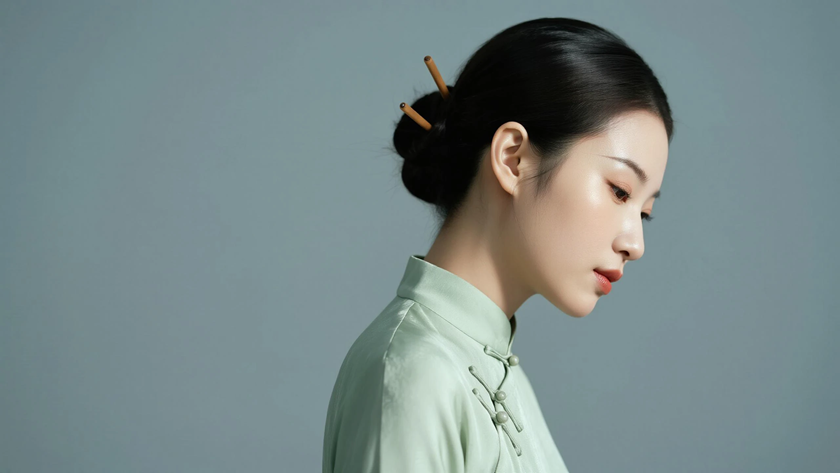 AI氛围感国风美人木簪束发温婉美人侧脸豆绿底色,桌面壁纸