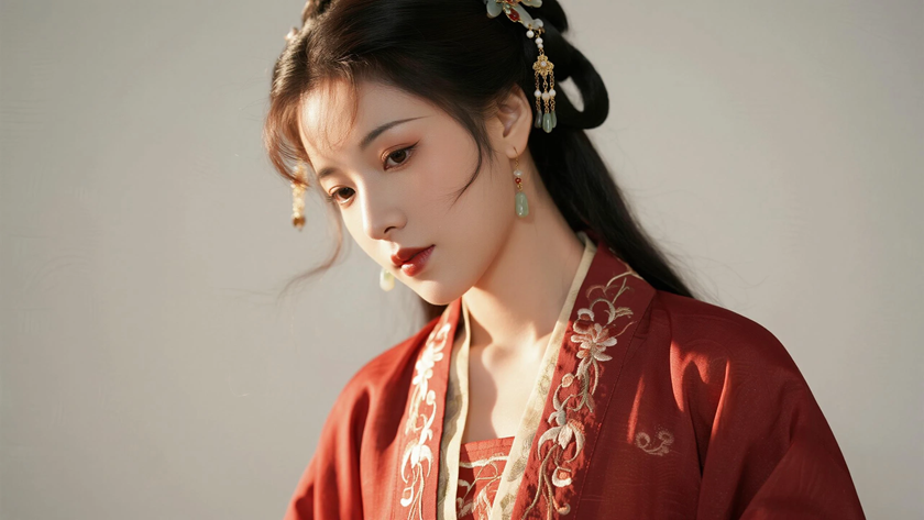 AI国风美人穿搭酒红重工绣花汉服华贵仕女正面纯色背景,电脑壁纸