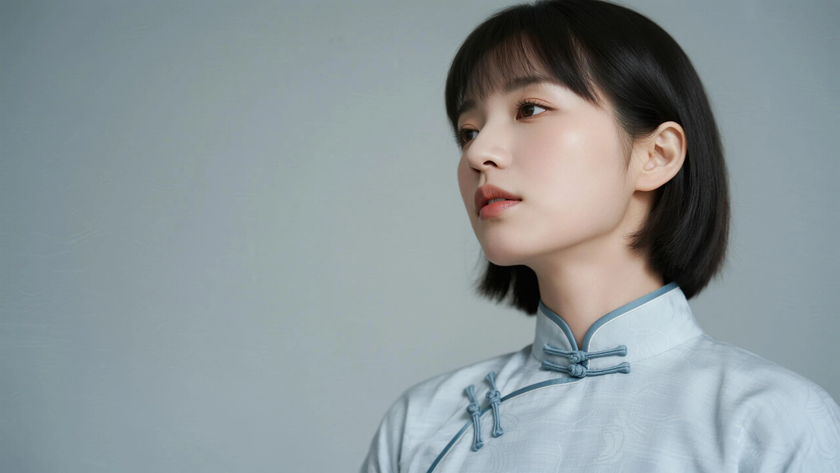 AI国风美人穿搭浅灰蓝改良宋裤清冷女子正面纯色背景,电脑壁纸