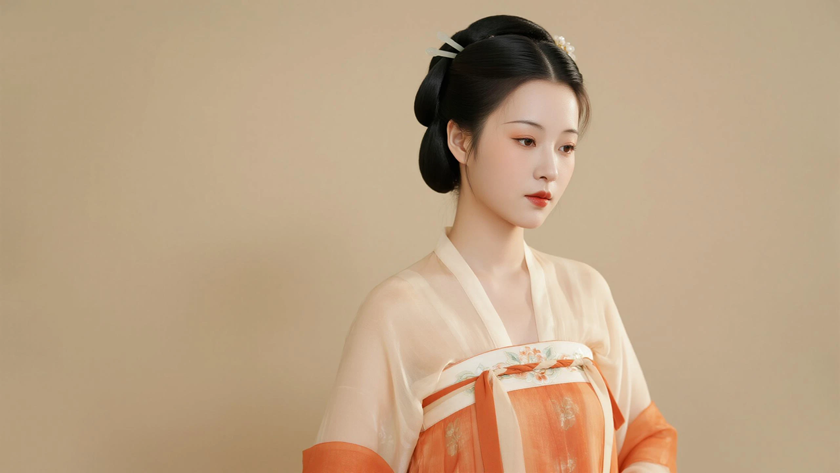 AI国风美人穿搭橘杏唐制齐胸襦裙温润少女正面纯色背景,电脑壁纸
