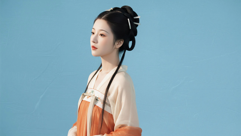 AI氛围感国风美人高盘垂鬓柔美古风女子侧脸橘杏底色,桌面壁纸