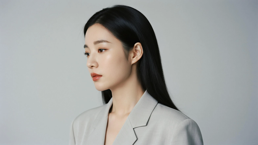 AI氛围感港风复古中分黑长直简约港风女子侧脸浅灰底色,桌面壁纸