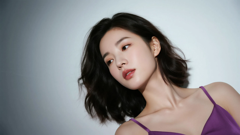 AI港风复古穿搭芋紫吊带连衣裙柔媚女生正面纯色背景,电脑壁纸