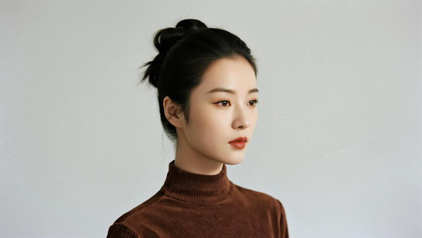 AI氛围感港风复古花苞低盘发温婉复古女生侧脸藏棕底色,桌面壁纸
