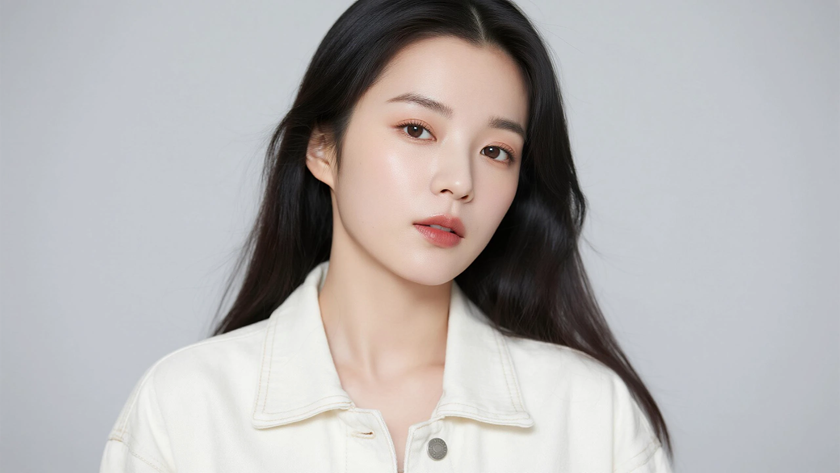 AI港风复古穿搭奶白牛仔港风外套甜酷少女正面纯色背景,电脑壁纸