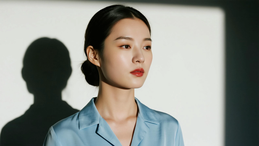 AI氛围感港风复古后梳束发简约港风少女侧脸浅蓝底色,桌面壁纸