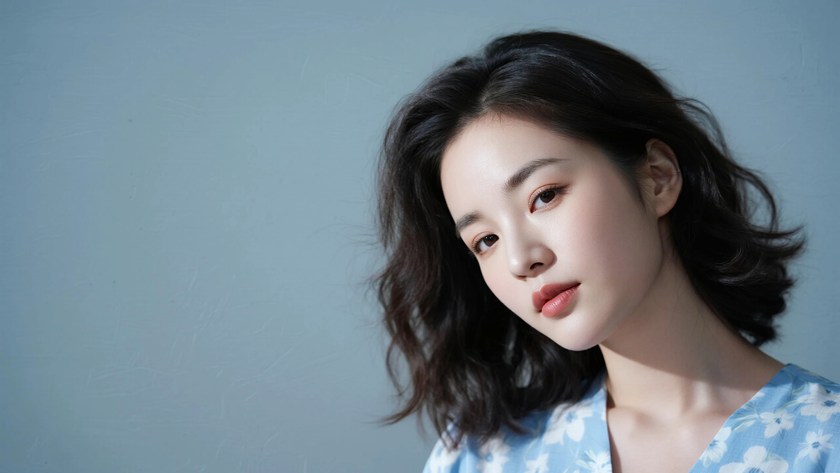 AI氛围感港风复古微卷中长发随性港风少女侧脸浅靛底色,桌面壁纸