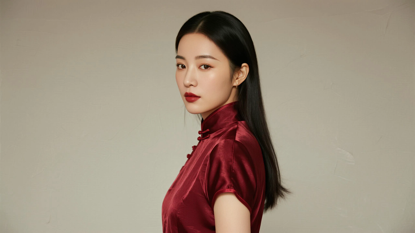 AI柔光旗袍模特优雅齐肩短发温婉女生酒红底色,桌面壁纸