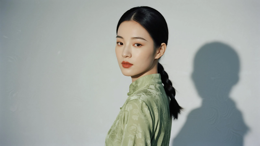 AI优雅旗袍模特穿搭豆青暗纹长款旗袍恬静国风女生正面纯色背景,电脑壁纸
