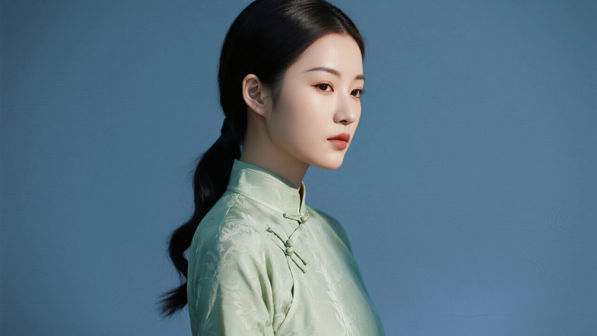 AI柔光旗袍模特温婉低马尾清雅女生豆青底色,桌面壁纸