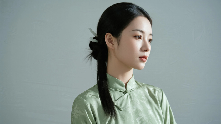 AI纯色极简优雅旗袍豆青温婉素雅美人,无水印壁纸