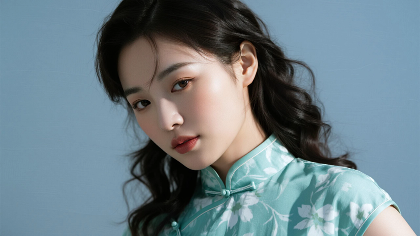 AI优雅旗袍模特穿搭薄荷绿碎花收腰旗袍雅致国风女生正面纯色背景,电脑壁纸