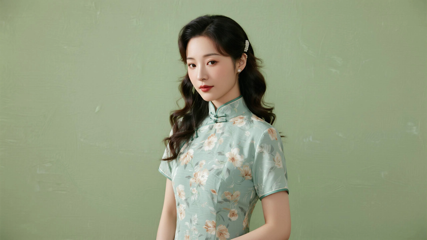 AI纯色极简优雅旗袍薄荷绿清爽古典少女,无水印壁纸