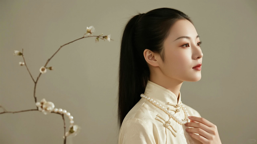AI暖浅柔光国风旗袍棉麻肌理柔和质感女生,高清壁纸