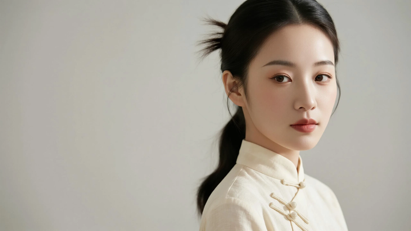 AI柔光旗袍模特气质高马尾干净女生奶杏底色,桌面壁纸