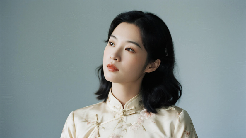 AI柔光旗袍模特温婉锁骨发娴静女生浅卡底色,桌面壁纸
