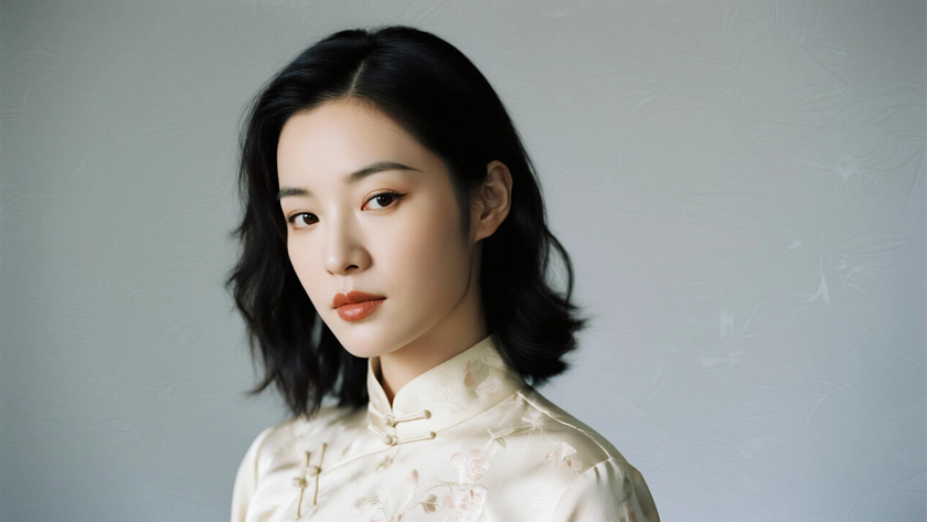 AI纯色极简优雅旗袍浅卡其温柔古典少女,无水印壁纸