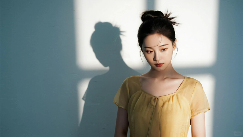 AI柔光旗袍模特蓬松慵懒丸子头元气女生鹅黄底色,桌面壁纸