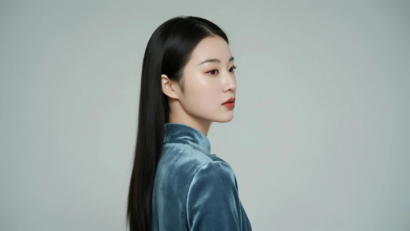 AI优雅旗袍模特穿搭雾霾蓝丝绒长款旗袍清冷国风女生正面纯色背景,电脑壁纸