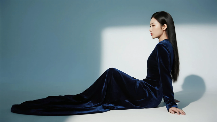 AI柔光旗袍模特中分柔顺黑长直静谧女生雾蓝底色,桌面壁纸