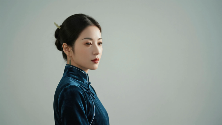 AI纯色极简优雅旗袍雾蓝素雅清冷美人,无水印壁纸