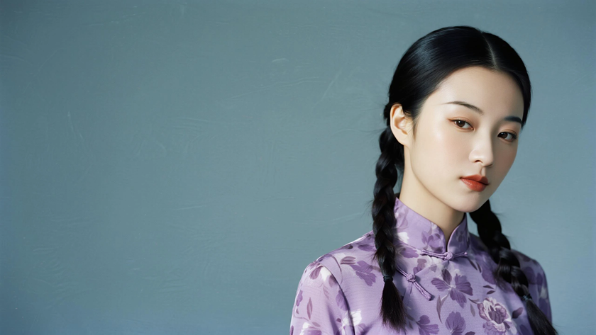 AI纯色极简优雅旗袍芋紫温柔古典少女,无水印壁纸