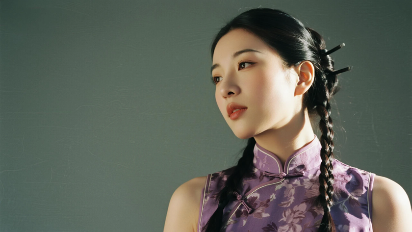 AI暖浅柔光国风旗袍碎花斜襟柔和质感女生,高清壁纸