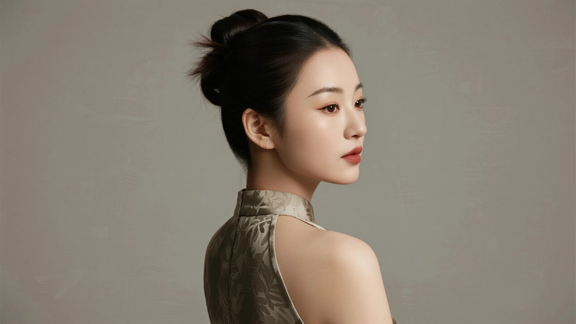 AI柔光旗袍模特层次齐耳短发清爽女生炭杏底色,桌面壁纸
