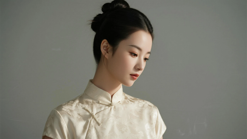 AI中性柔光国风旗袍暗纹挺括利落质感女生,高清壁纸