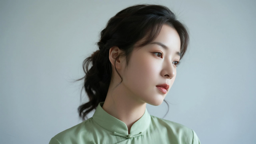 AI纯色极简优雅旗袍青柠绿鲜活治愈少女，无水印壁纸