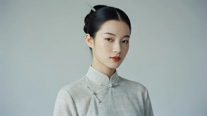 AI优雅旗袍模特穿搭奶灰针织拼接旗袍娴静国风女生正面纯色背景,电脑壁纸