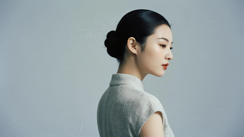 AI柔光旗袍模特低挽简约发髻温婉女生奶灰底色,桌面壁纸