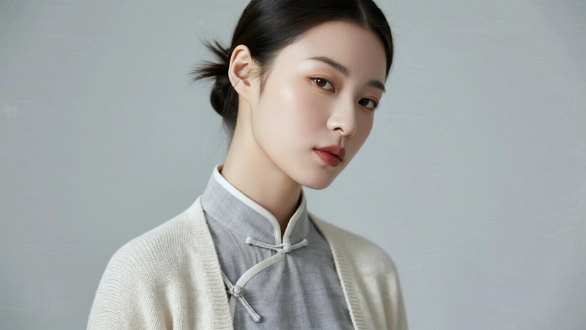 AI纯色极简优雅旗袍奶灰安静温婉美人,无水印壁纸