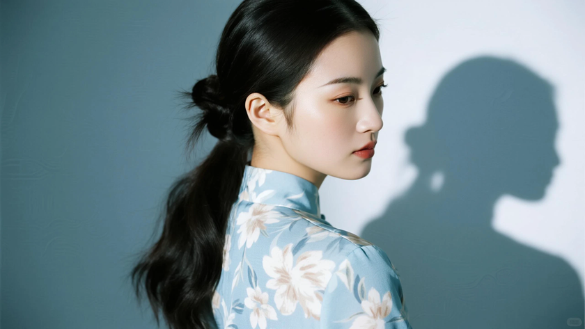 AI柔光旗袍模特高颅顶柔顺低马尾清爽女生湖蓝底色,桌面壁纸