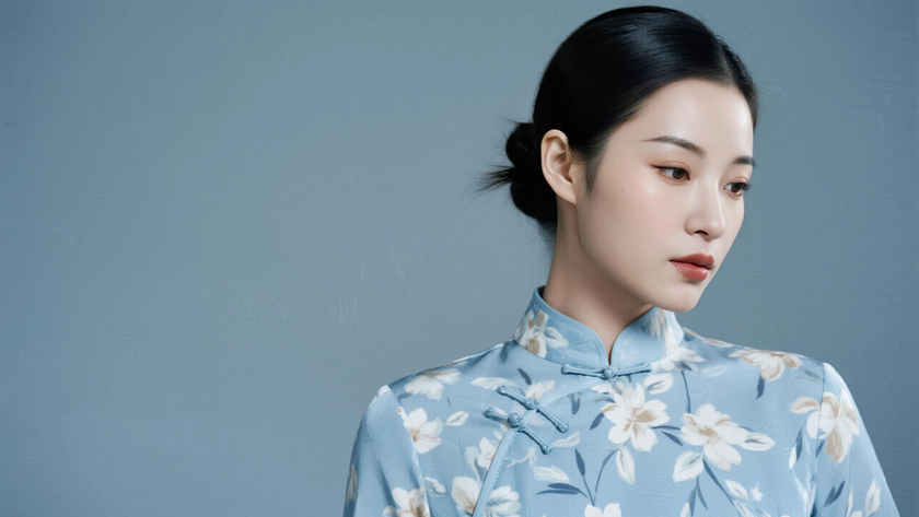 AI纯色极简优雅旗袍浅湖蓝温润清雅美人,无水印壁纸