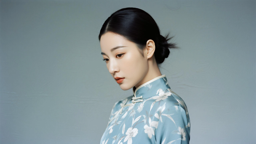 AI浅冷柔光国风旗袍碎花飘逸柔和质感女生,高清壁纸
