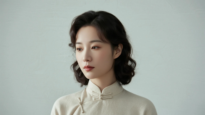 AI柔光旗袍模特及肩羊毛小卷温柔女生燕麦底色,桌面壁纸