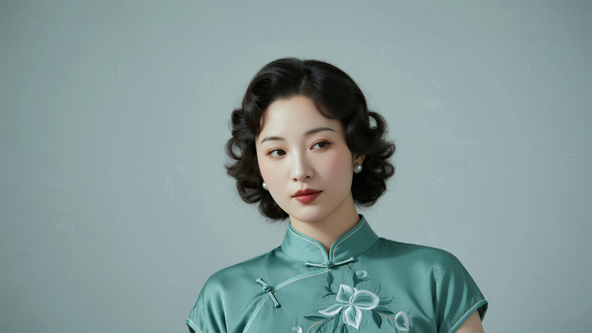 AI纯色极简优雅旗袍豆沙绿淡然素雅美人,无水印壁纸