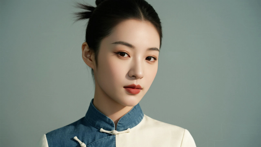 AI优雅旗袍模特穿搭奶白牛仔拼接改良旗袍灵动国风少女正面纯色背景，电脑壁纸