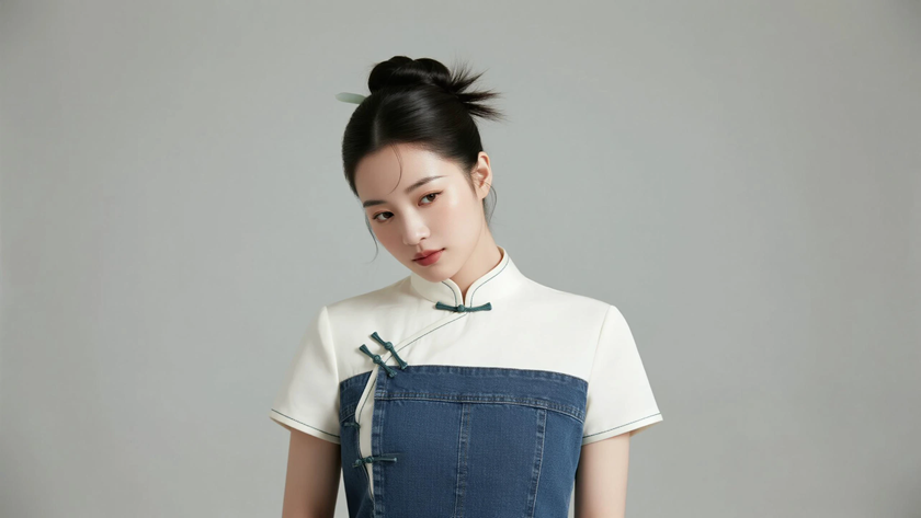AI柔光旗袍模特清爽古风双马尾元气女生奶白底色，桌面壁纸