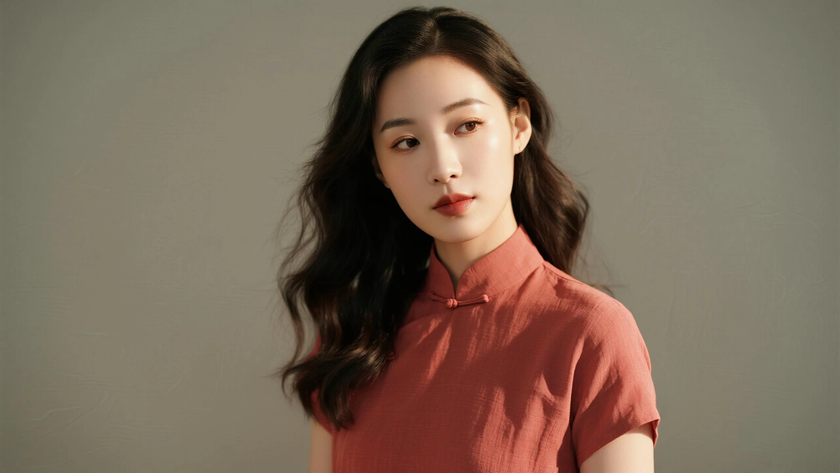 AI柔光旗袍模特微卷披肩中长发温婉女生枣红底色，桌面壁纸