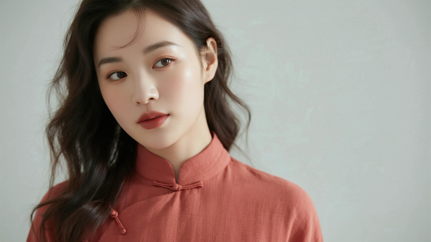 AI纯色极简优雅旗袍浅枣红文艺温柔美人，无水印壁纸