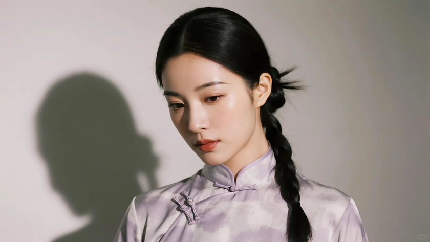 AI柔光旗袍模特侧边细编低发辫温柔女生灰紫底色,桌面壁纸