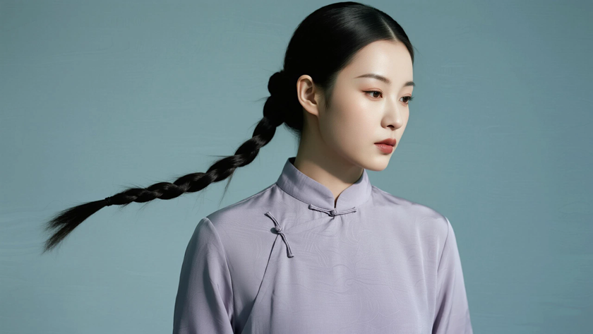 AI纯色极简优雅旗袍浅灰紫松弛恬静少女,无水印壁纸