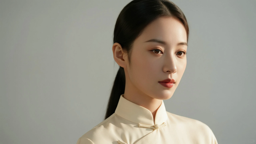 AI优雅旗袍模特穿搭浅杏翻领收腰旗袍雅致国风女生正面纯色背景，电脑壁纸