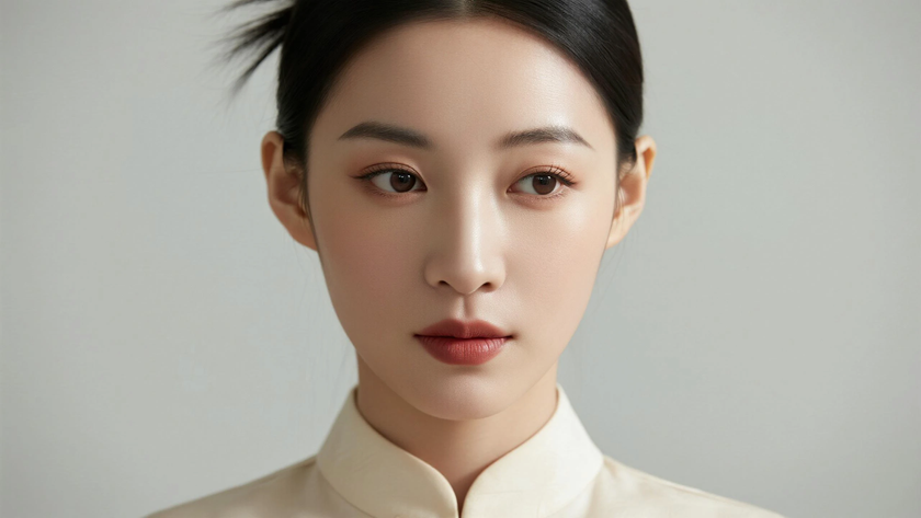 AI柔光旗袍模特后梳顺直束发干净女生浅杏底色，桌面壁纸