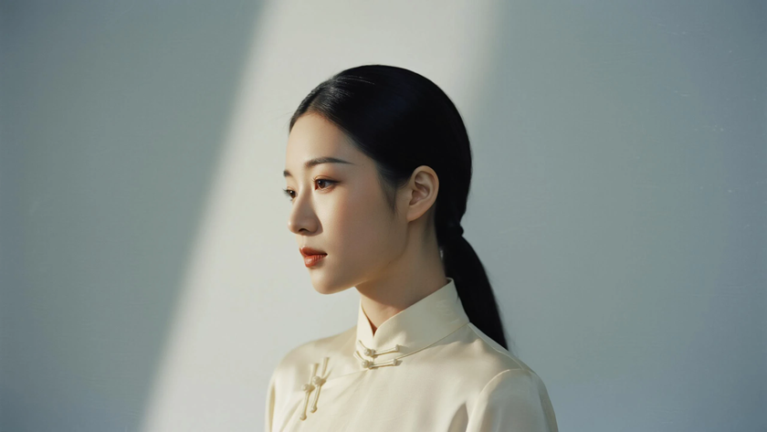 AI暖浅柔光国风旗袍翻领垂坠细腻质感女生，高清壁纸